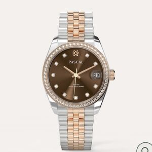 NIB UNISEX Pascal Two-Tone Watch with Brown Dial With Diamond Face & Bezel